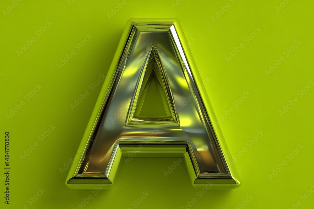 Poster 3d metallic letter a on a bright green background showcasing modern design and artistic expression