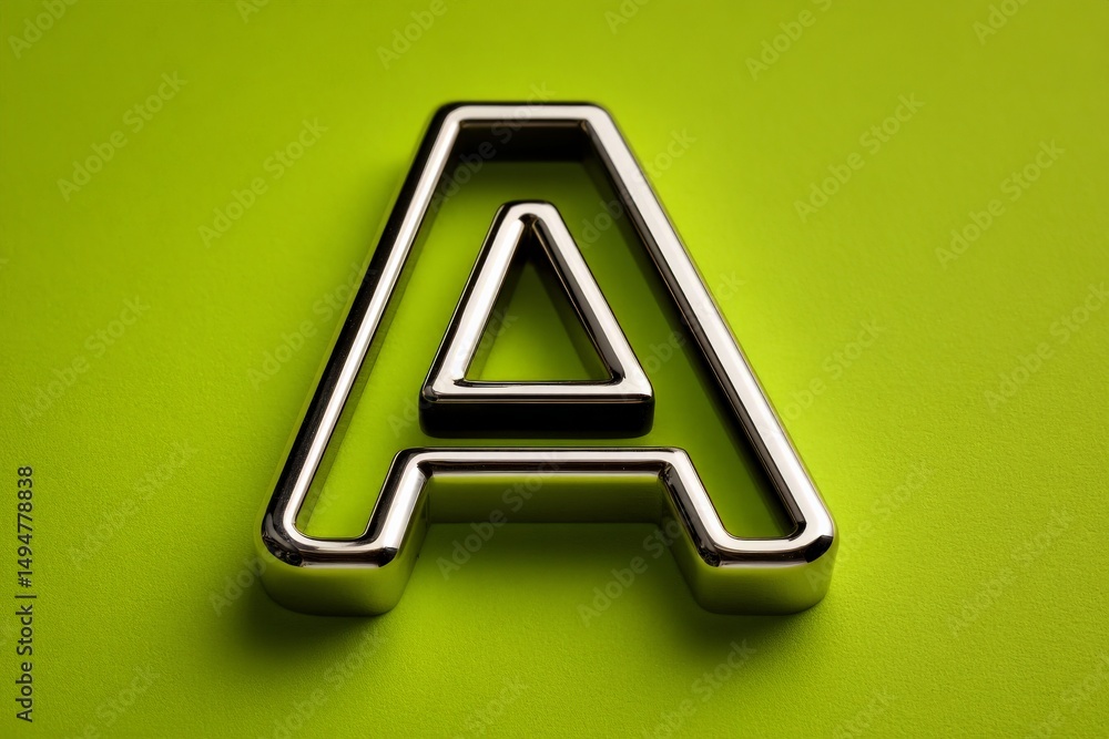 Poster metallic letter a with triangular cutout on vibrant green background