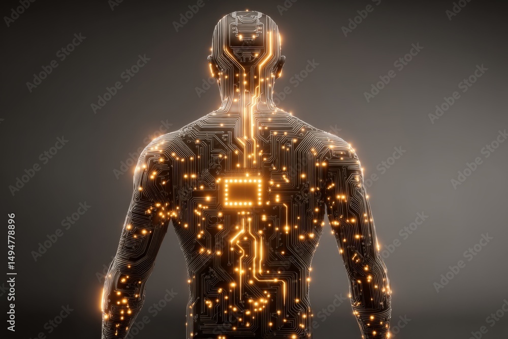 Leinwandbilder futuristic humanoid figure illuminated with glowing circuit patterns and technology-inspired feature