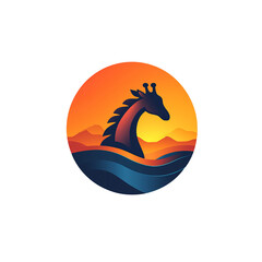 Obraz premium Stylized illustration of giraffe head emerging from water with sunset background, mountains, and waves, creating vibrant