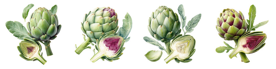 A collection of fresh artichokes in various stages of growth