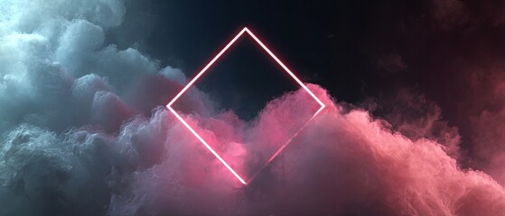 Abstract futuristic 3D rendering background featuring a glowing neon rhombus frame, dramatic stormy clouds against a night sky, and ample copy space for sci-fi design projects