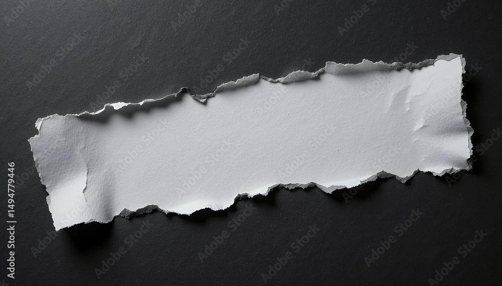 Poster close up view of a torn piece of white paper with rough edges on dark background