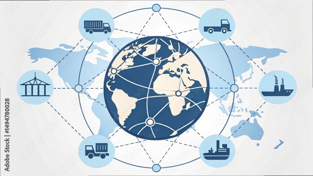 Poster global network connecting supply chain elements across the globe