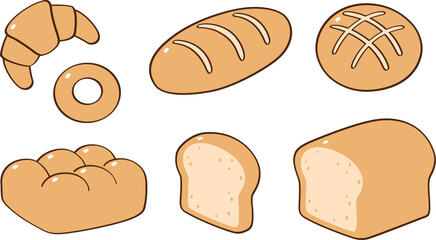 A set of freshly baked breads on a white background. This set includes a variety of breads, such as croissants, baguettes, and donuts.