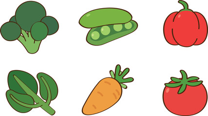 A collection of common vegetables includes broccoli, peas in a pod, a red bell pepper, kale, a carrot, and a tomato.
