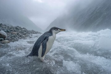 Obraz premium Penguin stands on icy shore amidst misty mountain landscape during a chilly winter day