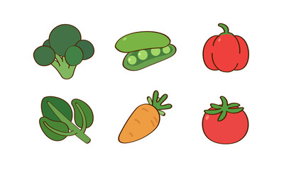 A collection of common vegetables includes broccoli, peas in a pod, a red bell pepper, kale, a carrot, and a tomato.