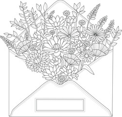 Realistic graphic mix flower bouquet in envelope sketch template. Cartoon vector illustration in black and white for games, background, pattern, decor. Coloring paper, page, story book, print