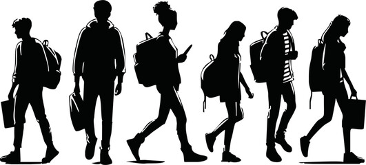Silhouettes of students walking with backpacks vector style isolated simple vector art on white background