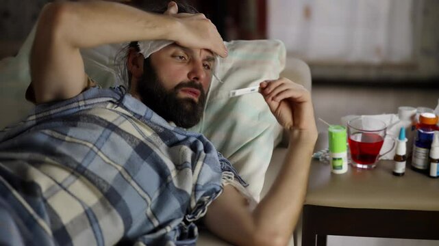 Ill man sinus rhinitis and checking temperature . Seasonal cold home treatment	