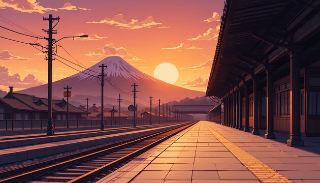 Scenic sunset view of a quiet train station with mountain and sun in the background