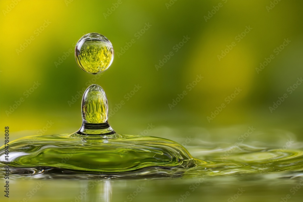 Leinwandbilder water droplet creating ripple effect on surface with green background in soft focus