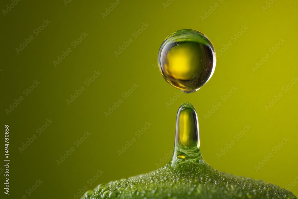 Poster captivating drop of liquid suspended above green surface reflecting vibrant colors and textures in n