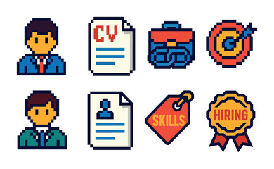 Job and recruitment pixel art icons set – career, hiring, employment symbols