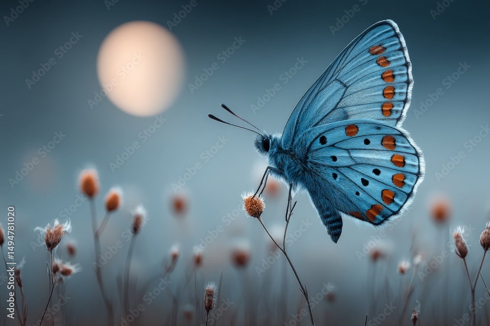 Poster close-up of a blue butterfly perched on a flower at dusk with a soft glowing moon in the background