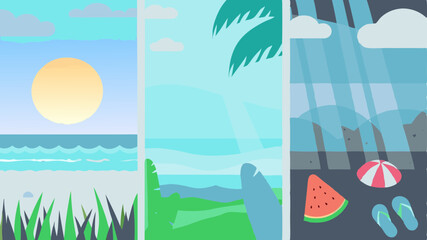 Illustration showing three different weather conditions with sunny, tropical, and rainy beach scenes depicted