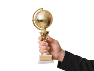 Golden trophy glove held by a hand isolated on transparent background, 3D metallic award PNG download for sports, competition, success, achievement, victory, pride, leadership, championship, 2025