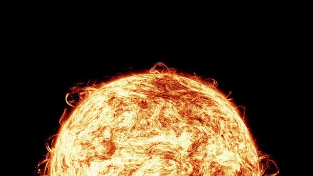A partial view of the Sun vividly displays its fiery, turbulent surface and arching solar flares, glowing intensely against a stark black background.