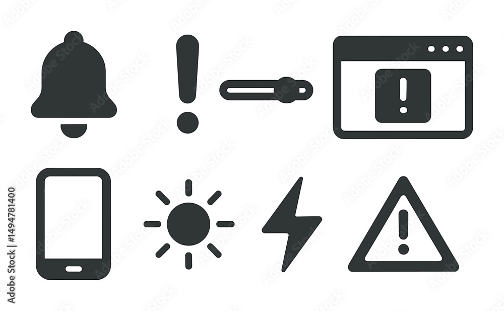Poster alert and notification icons set – solid, filled, warning and communication symbols