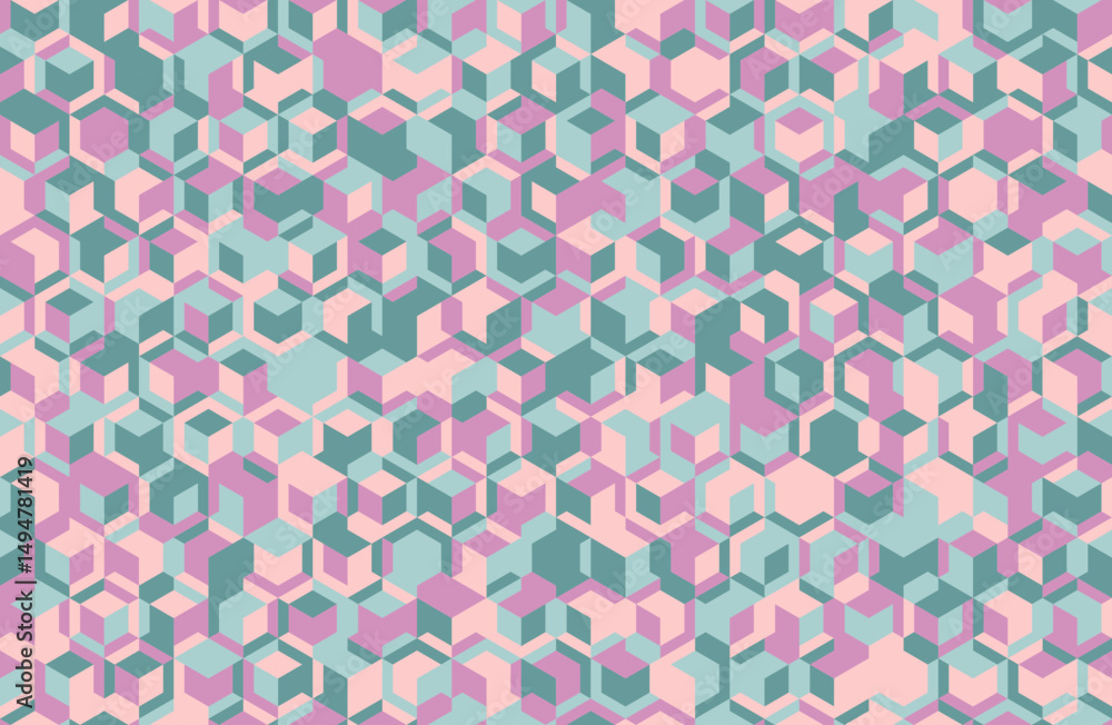 Poster abstract geometric pattern featuring an array of pastel pink, teal, and light blue cubes. this seaml