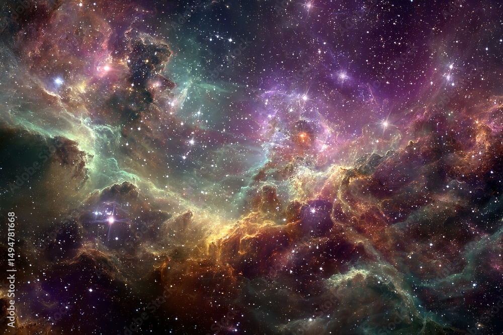 Poster colorful cosmic nebula with swirling gases and bright stars within a vast star field at the edge of 