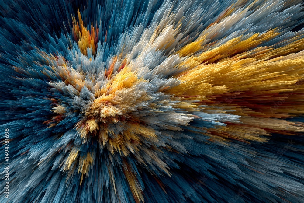 Poster colorful explosion of abstract shapes and textures in a dynamic composition evoking movement and dep