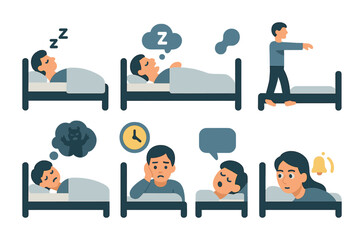 Sleep disorder flat icons set – insomnia, snoring, sleepwalking symbols