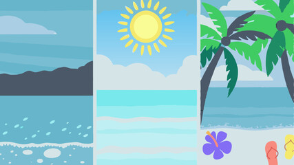 Three panels showing a beach scene with mountains sun palm trees flower and flip flops illustration