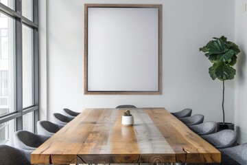 Modern Conference Room with Wooden Table and Empty Wall Frame