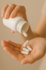Woman Pouring White Capsules from Bottle into Open Palm