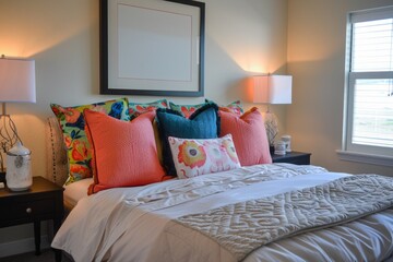 Cozy and Colorful Bedroom Decor with Bright Pillows and Light