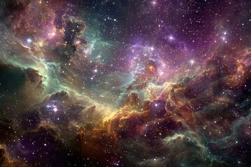 Colorful cosmic nebula with swirling gases and bright stars within a vast star field at the edge of the universe