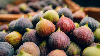 A close up shot showcasing a pile of fresh figs with varying colors and textures in a rustic setting