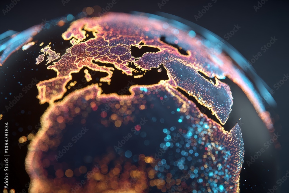 Aufkleber Vivid representation of Europe and the Middle East showcasing glowing data points on a digital globe