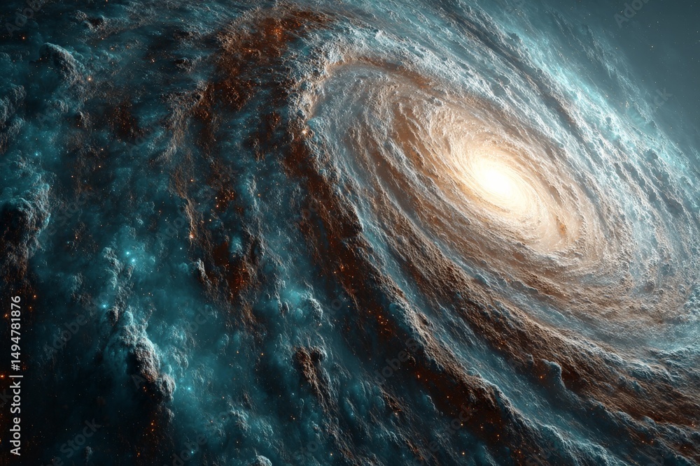 Poster spiral galaxy showcasing vibrant colors and luminous core in vast outer space