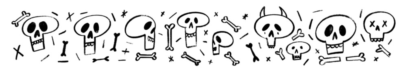 Skull and crossbones outline drawn in hand-drawn crayon style with rough edges, pirate danger symbol. Flat vector illustration isolated on white background.