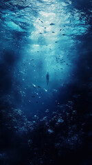 Stunning underwater scene featu a diver swimming beneath the ocean surface surrounded by fish and coral reef under vibrant blue sunlight