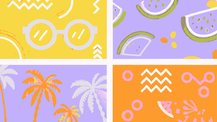 Four panel summer themed collage featuring sunglasses watermelon palm trees and abstract shapes on colorful backgrounds