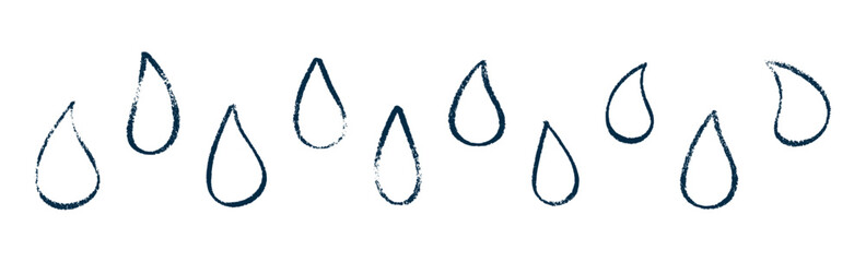 Water drop outline with hand-drawn crayon effect, liquid splash in abstract style. Flat vector illustration isolated on white background.