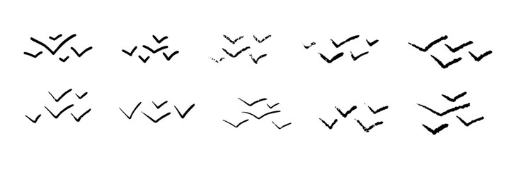 Flying bird silhouette with brush stroke texture in crayon style, freedom and nature concept. Flat vector illustration isolated on white background.