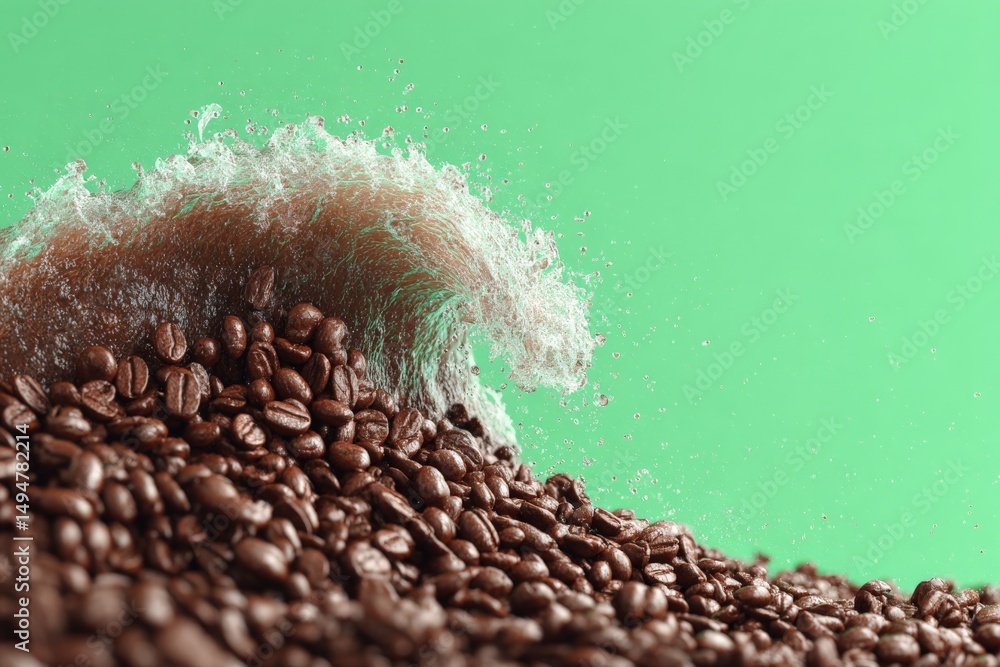 Aufkleber Coffee beans create a wave as water splashes in dynamic display on a green background