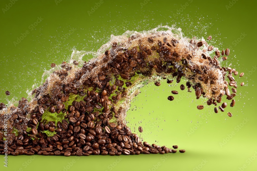 Poster creative splash of coffee beans forms a wave against a green backdrop showcasing dynamic energy and 
