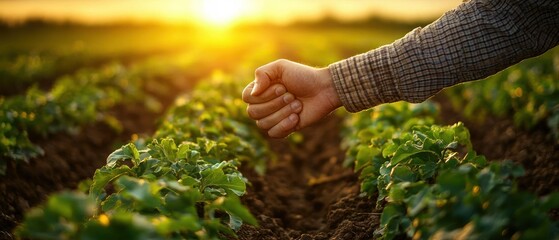 Farmer's hand inspecting lush green crops in a sun-drenched field at sunset.  Rows of healthy plants show promising growth