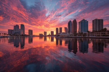 Colorful sunset reflecting on calm waters with city skyline and vibrant clouds in central Florida