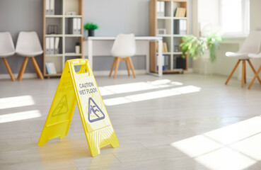 Yellow caution wet floor board standing, empty office room, cleaning service industry, professional washing floor, cleaning building and office space, housekeeping job, housekeeping job, house chores