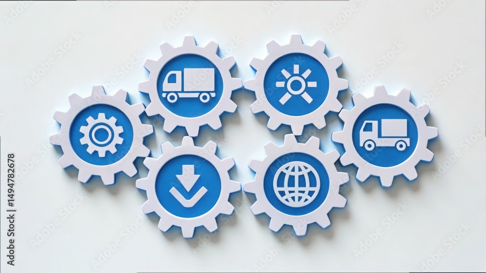 Poster logistics system icons in gear shape for visual communication