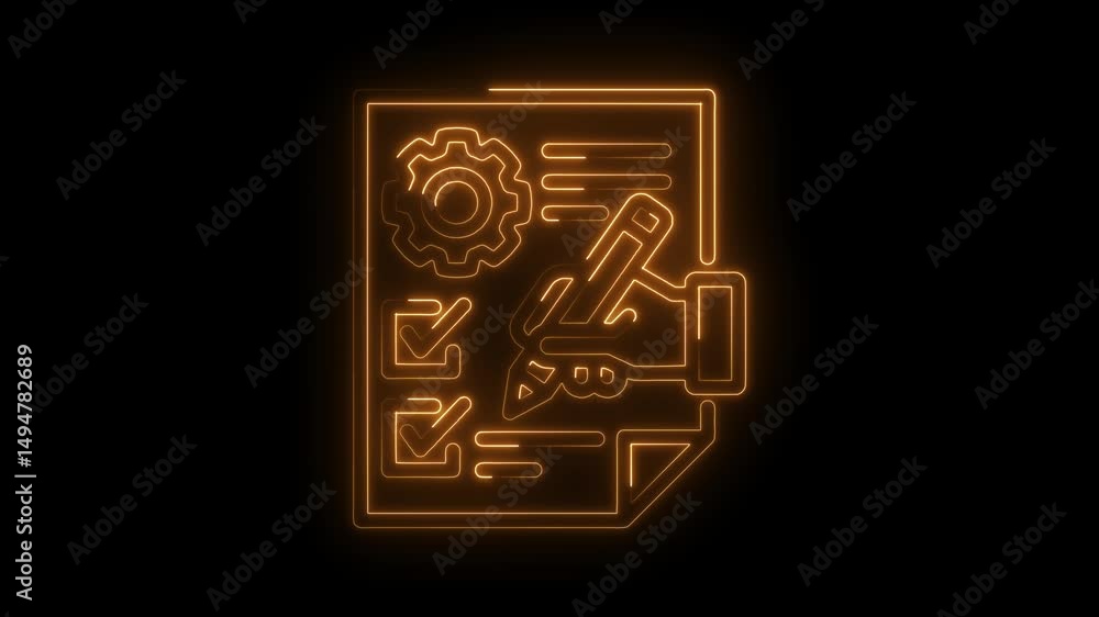 Aufkleber neon style process review sheet with checkmarks and gear for quality control animation