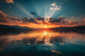 Stunning sunset over calm water surrounded by mountains reflects colorful sky in the evening
