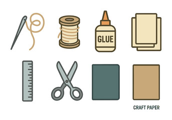 Crafting essentials outline icons set – sewing, diy, and paper art symbols